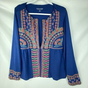Soft Surroundings Cardigan‎ Womens Large Blue Rainbow Embroidered Artsy Boho